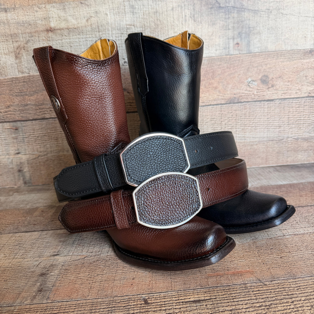 Men's Cowboy Set: Wester Zipper Genuine American Deer Leather Boots Dubai Toe Est. 264 Brandy with Belt