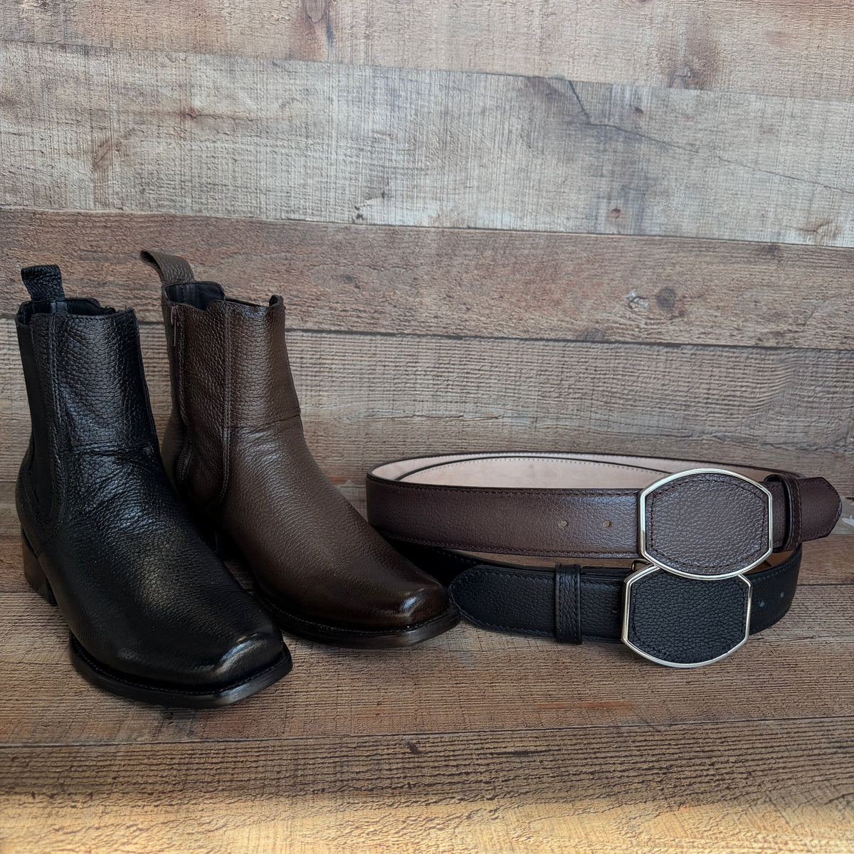 Men's Cowboy Set: Wester Zipper Genuine Cowhide Leather boots with American Deer Print Dubai Toe Est. 166 venado with Belt