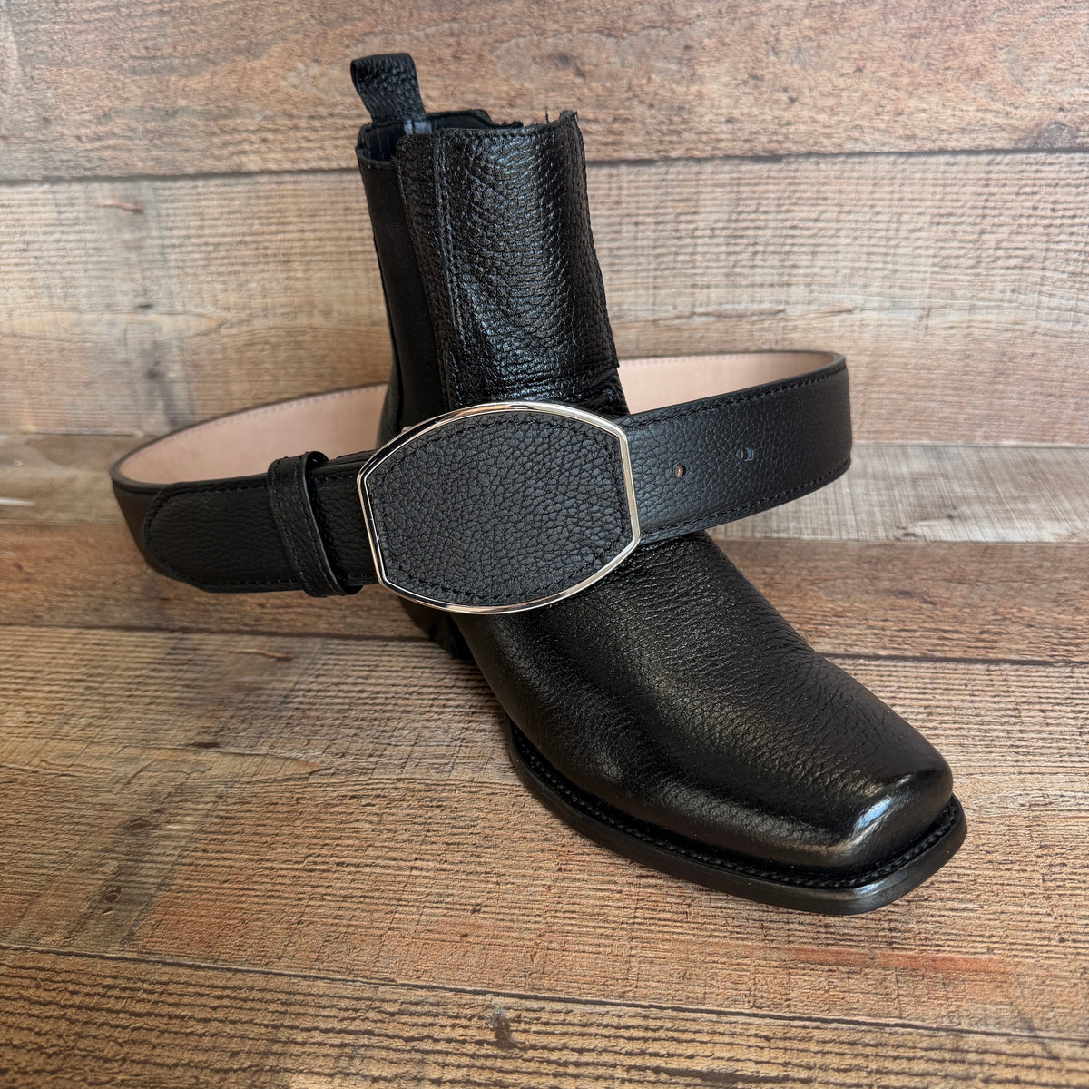Men's Cowboy Set: Wester Zipper Genuine Cowhide Leather boots with American Deer Print Dubai Toe Est. 166 venado with Belt
