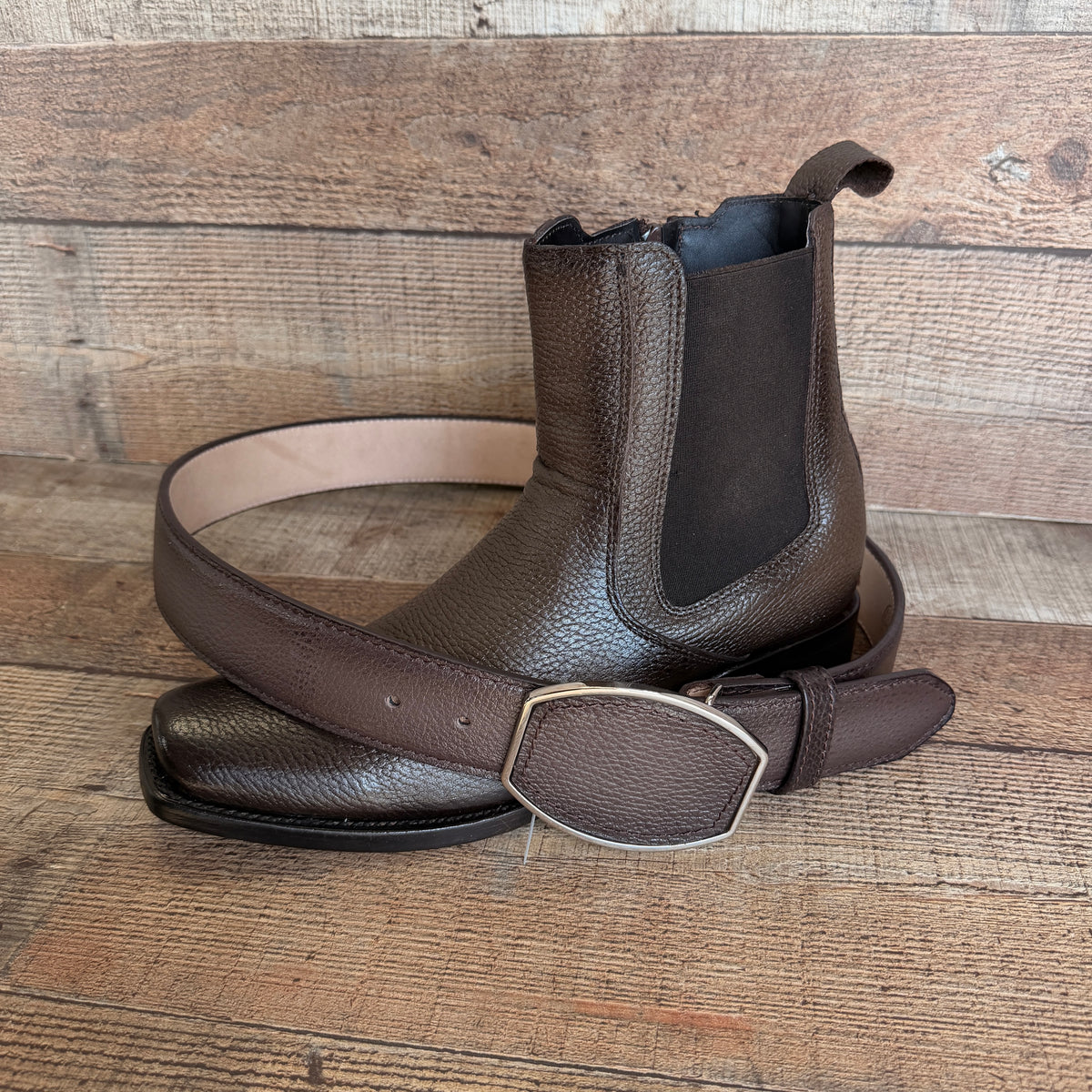 Men's Cowboy Set: Wester Zipper Genuine Cowhide Leather boots with American Deer Print Dubai Toe Est. 166 venado with Belt