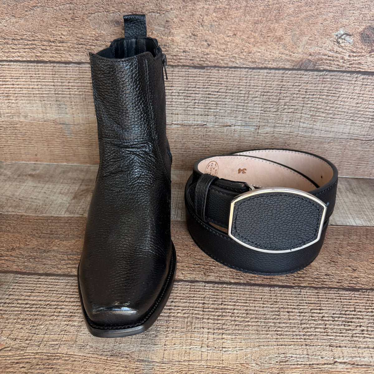 Men's Cowboy Set: Wester Zipper Genuine Cowhide Leather boots with American Deer Print Dubai Toe Est. 166 venado with Belt