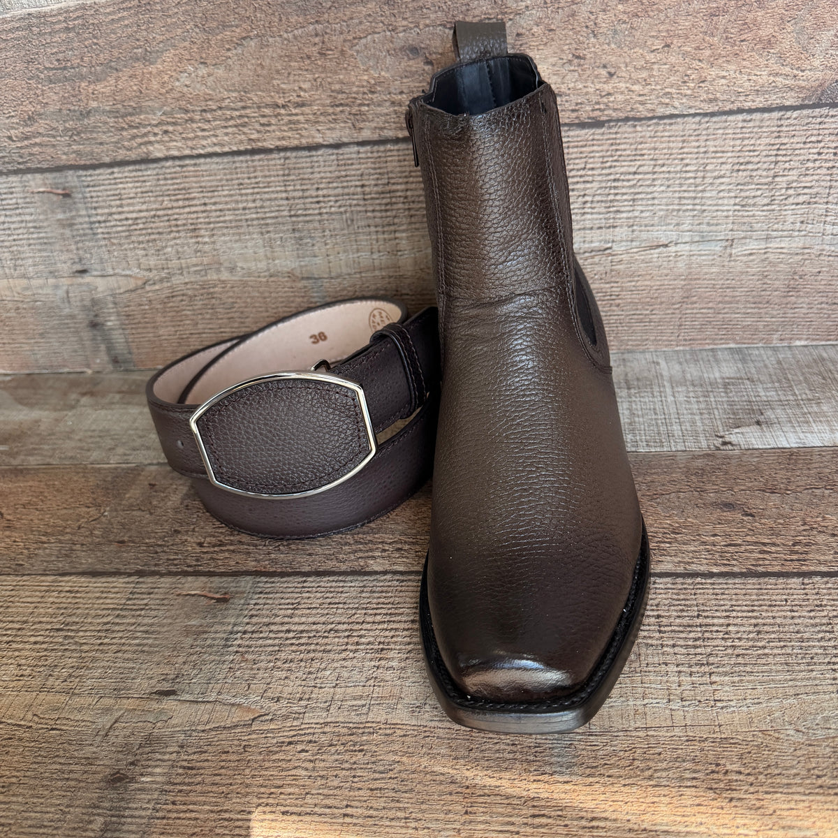 Men's Cowboy Set: Wester Zipper Genuine Cowhide Leather boots with American Deer Print Dubai Toe Est. 166 venado with Belt