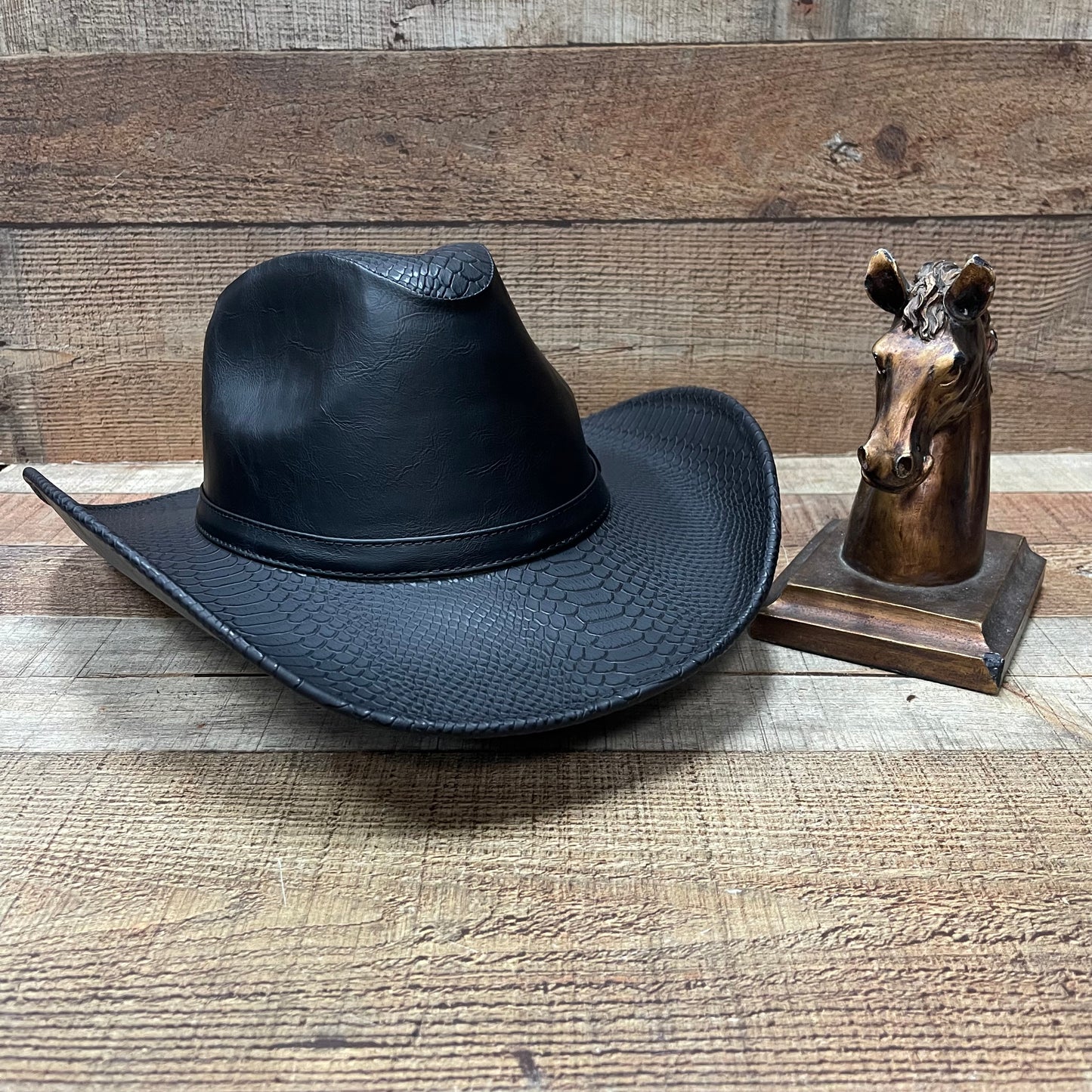 Rodeo Western Cowboy Cowgirl Wide Brim Leather-like Finish Hat Python Details