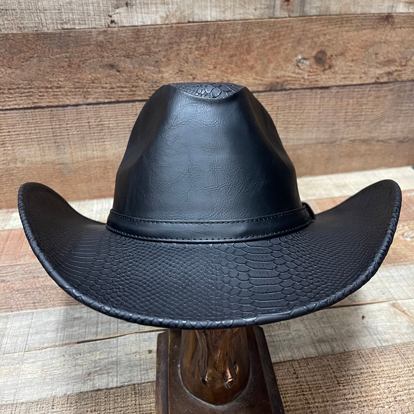 Rodeo Western Cowboy Cowgirl Wide Brim Leather-like Finish Hat Python Details