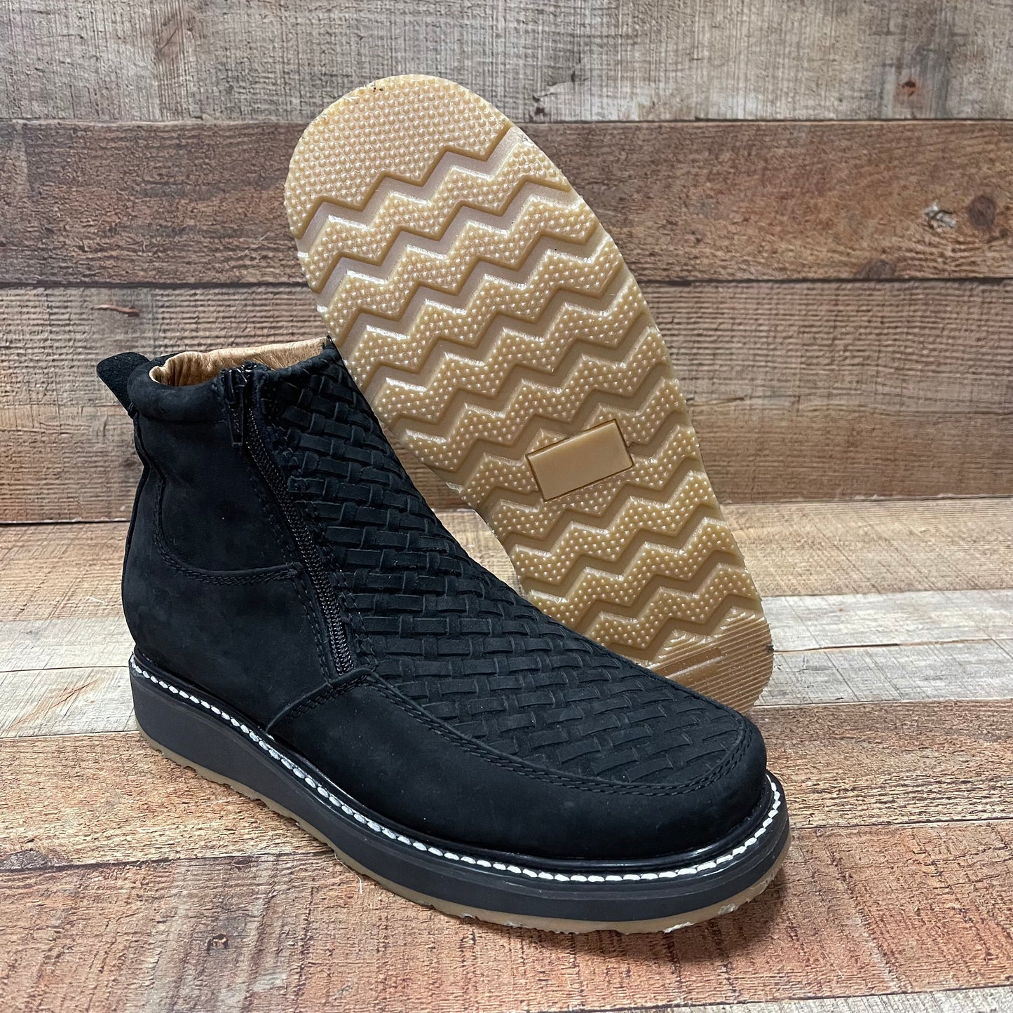 Men's Work Black Double Zipper Handwoven Genuine Leather Oil/Water Resistant Est.33 Petatillo Negro Suela Doble Densidad Cierres