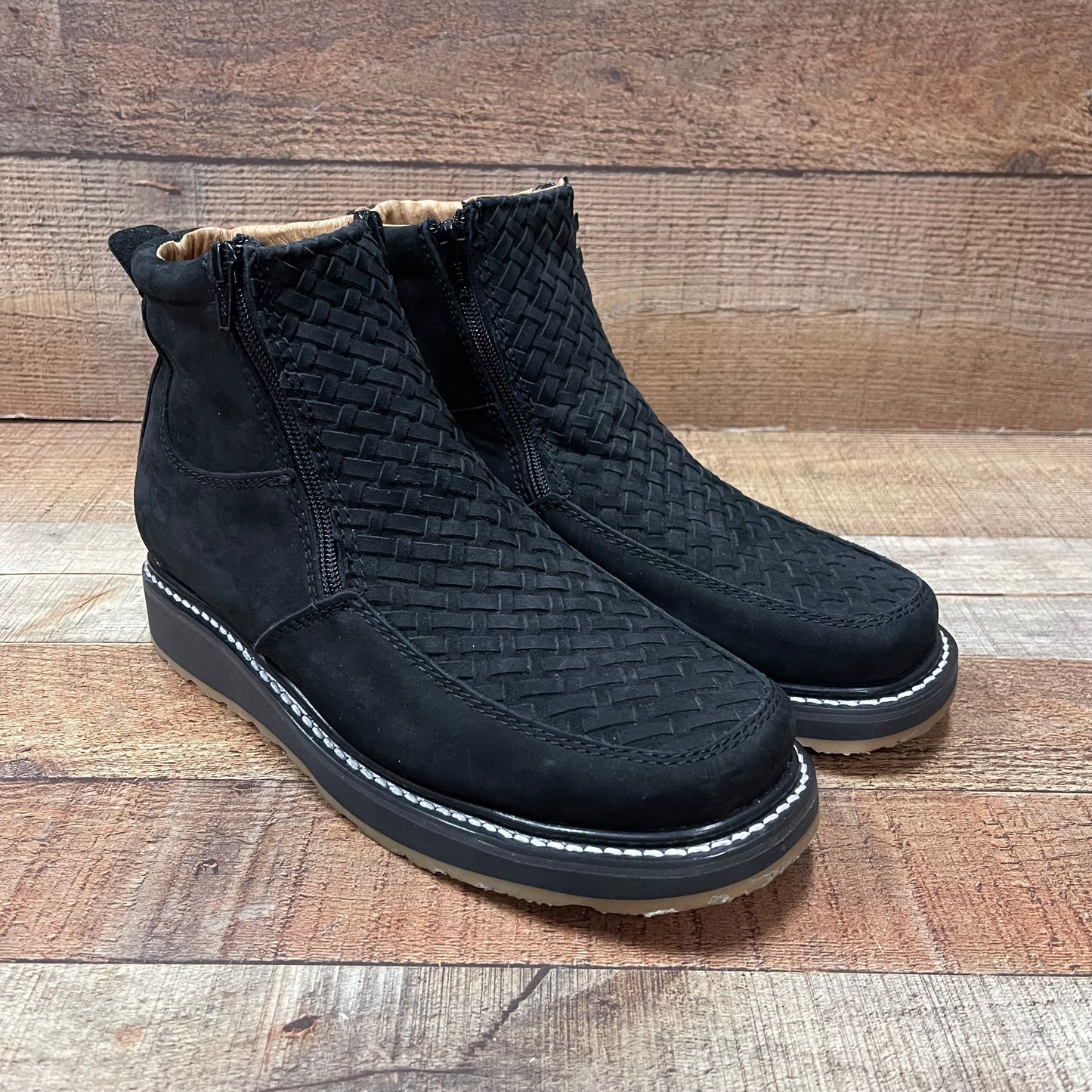 Men's Work Black Double Zipper Handwoven Genuine Leather Oil/Water Resistant Est.33 Petatillo Negro Suela Doble Densidad Cierres