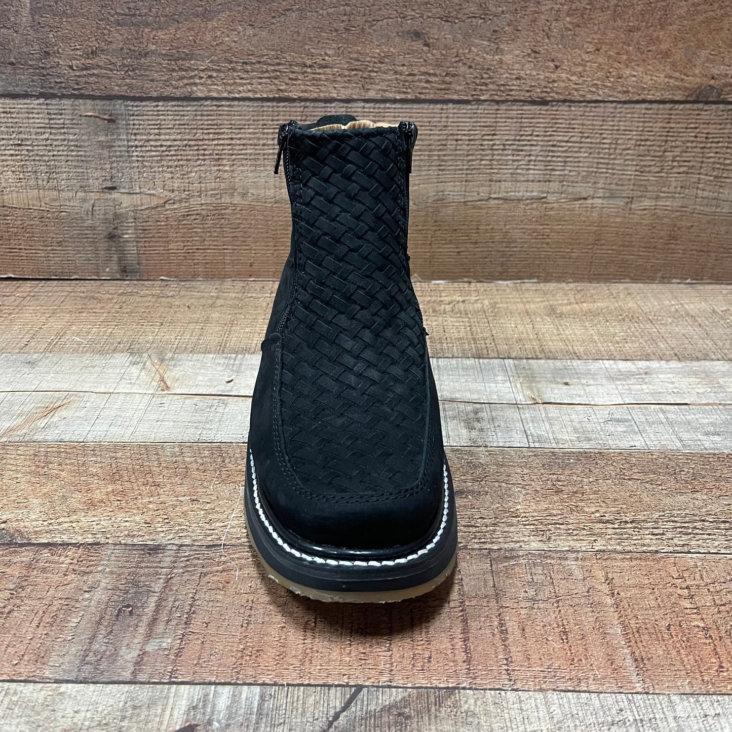 Men's Work Black Double Zipper Handwoven Genuine Leather Oil/Water Resistant Est.33 Petatillo Negro Suela Doble Densidad Cierres