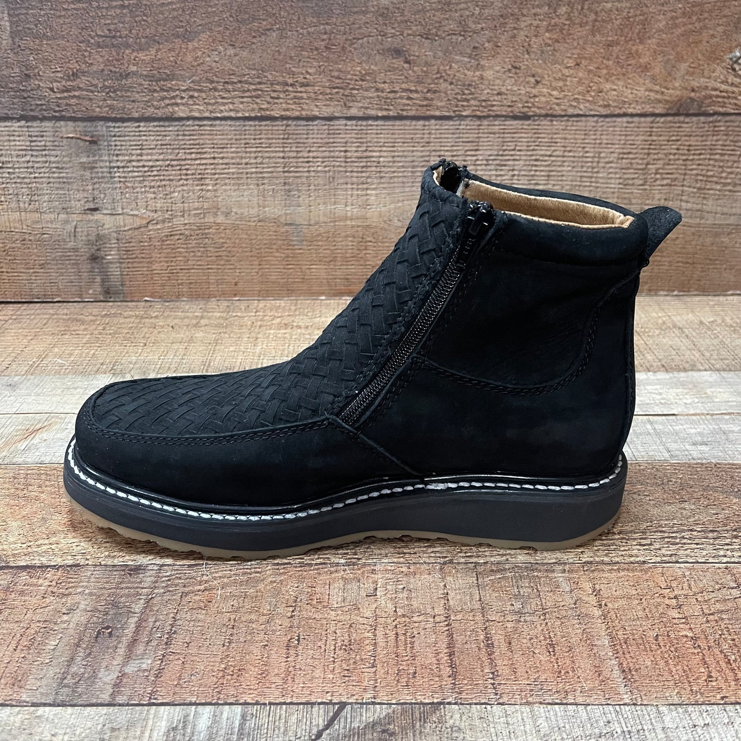 Men's Work Black Double Zipper Handwoven Genuine Leather Oil/Water Resistant Est.33 Petatillo Negro Suela Doble Densidad Cierres