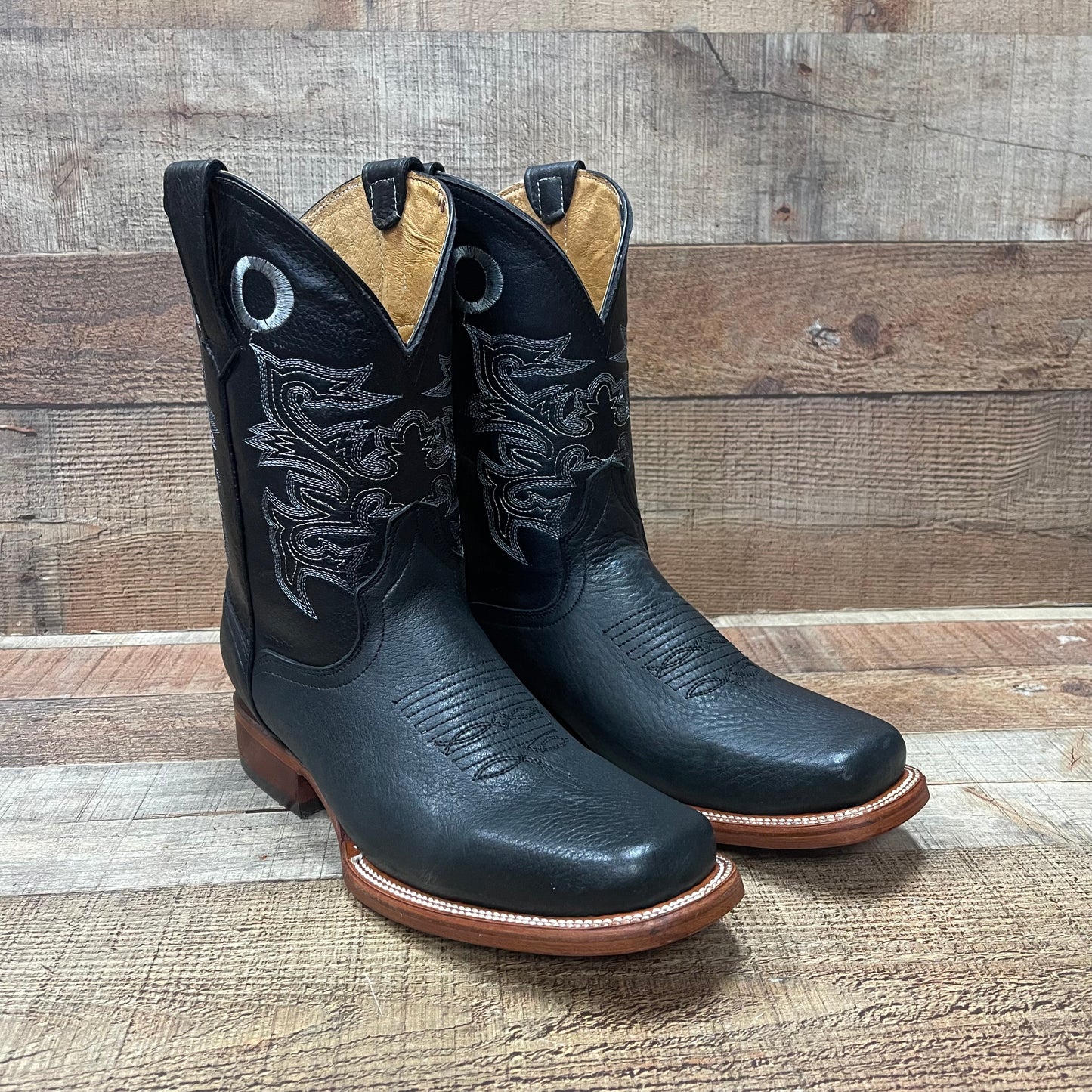 Men's Western Cowboy Rodeo Square Toe Genuine Leather Boots Leather Sole Bota Vaquera Est.722 Suela Cuero Napa Negro