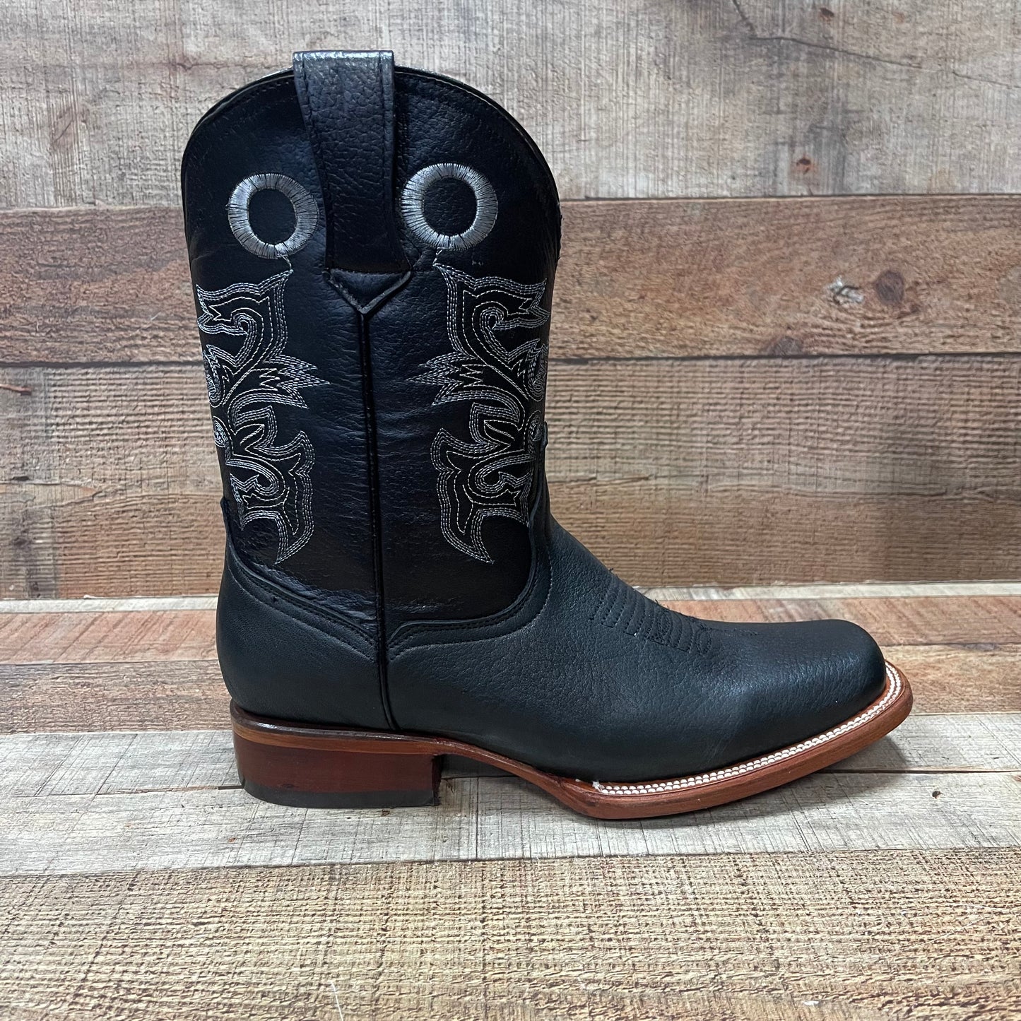 Men's Western Cowboy Rodeo Square Toe Genuine Leather Boots Leather Sole Bota Vaquera Est.722 Suela Cuero Napa Negro