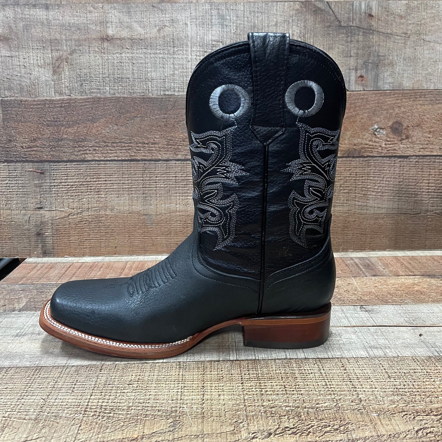 Men's Western Cowboy Rodeo Square Toe Genuine Leather Boots Leather Sole Bota Vaquera Est.722 Suela Cuero Napa Negro