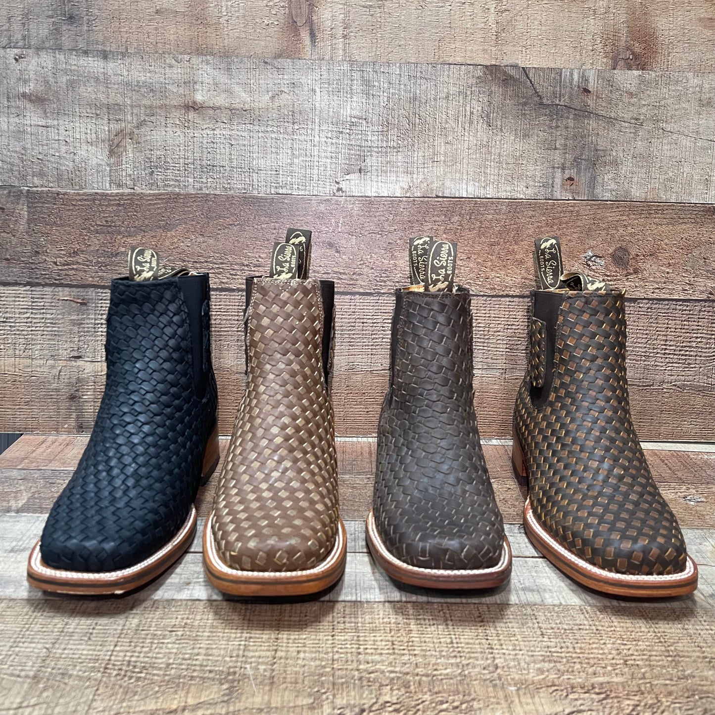 Men's Western Cowboy Woven Leather Square Toe Half Ankle Boot Botin Tejido Est.716 Petatillo