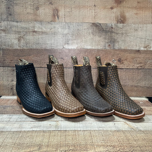 Men's Western Cowboy Woven Leather Square Toe Half Ankle Boot Botin Tejido Est.716 Petatillo