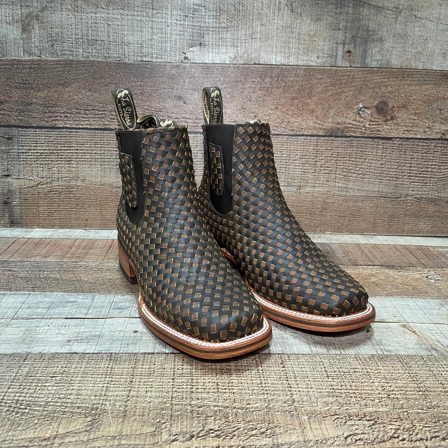 Men's Western Cowboy Woven Leather Square Toe Half Ankle Boot Botin Tejido Est.716 Petatillo