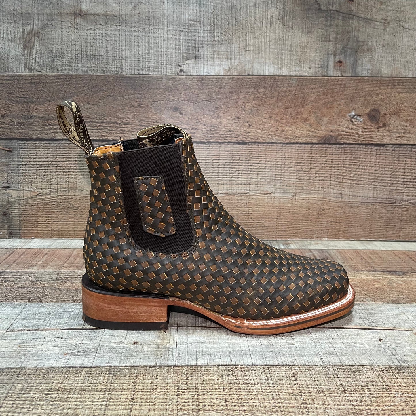 Men's Western Cowboy Woven Leather Square Toe Half Ankle Boot Botin Tejido Est.716 Petatillo