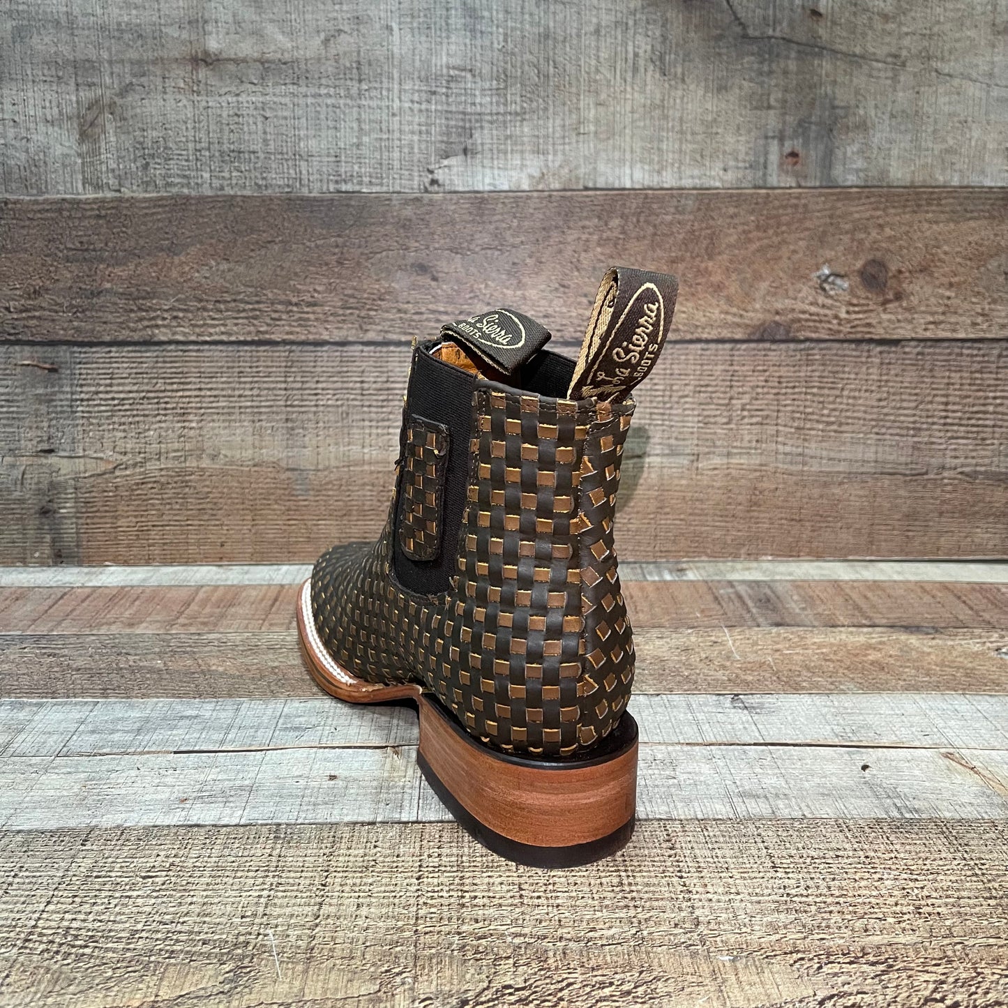 Men's Western Cowboy Woven Leather Square Toe Half Ankle Boot Botin Tejido Est.716 Petatillo