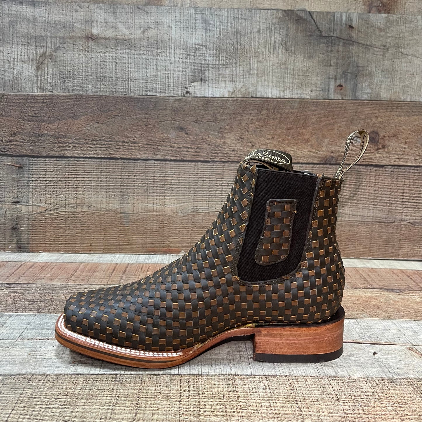 Men's Western Cowboy Woven Leather Square Toe Half Ankle Boot Botin Tejido Est.716 Petatillo