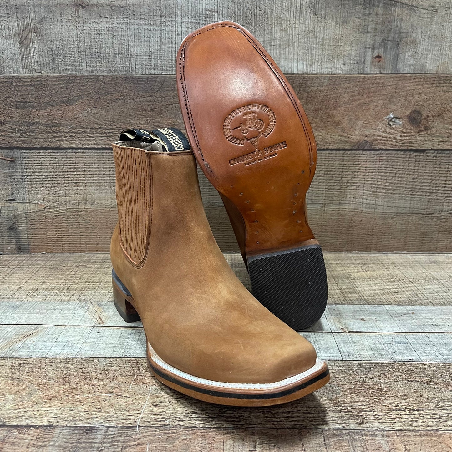 Men's Western Rodeo Cowboy Plain Genuine Leather Ankle Boot Botín Est.360 Nubuck Roble Suela Cuero