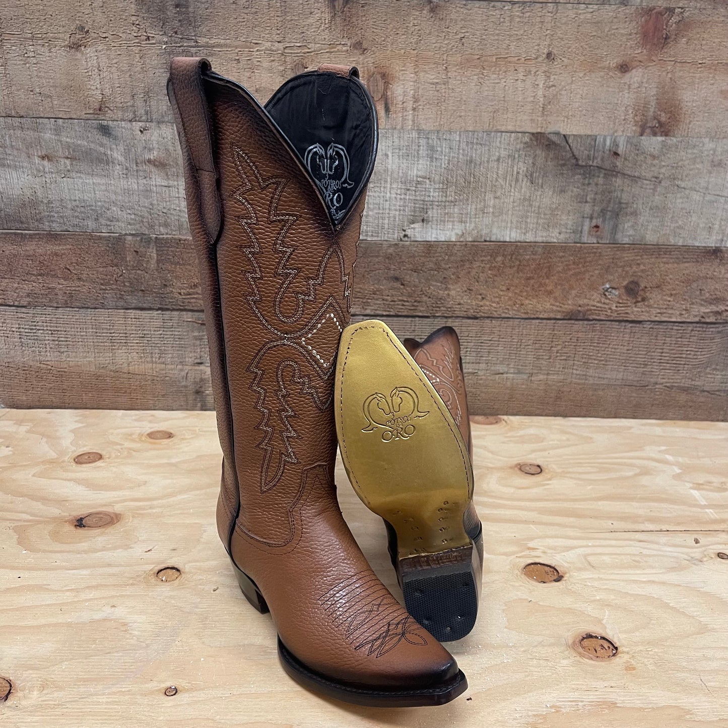 Women's Rodeo Cowgirl Honey Boots Genuine Leather Snipped Toe High Heel Boots with Zipper Est.201 Tubo Alto Miel Difuminada