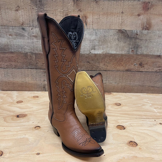 Women's Rodeo Cowgirl Honey Boots Genuine Leather Snipped Toe High Heel Boots with Zipper Est.201 Tubo Alto Miel Difuminada