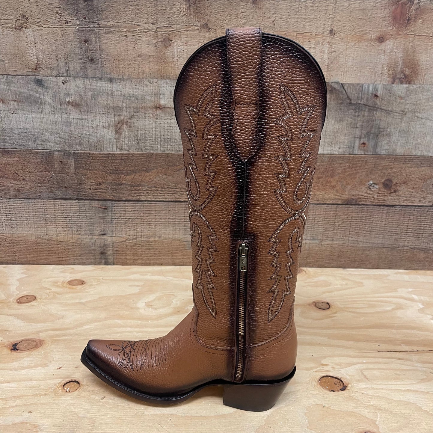 Women's Rodeo Cowgirl Honey Boots Genuine Leather Snipped Toe High Heel Boots with Zipper Est.201 Tubo Alto Miel Difuminada
