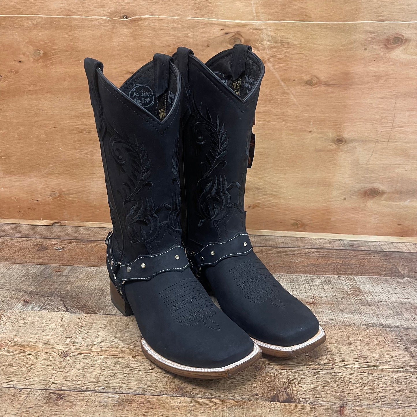 Women's Genuine Leather Square Toe Cowgirl Black Boots Est.112 Nobuck Negra