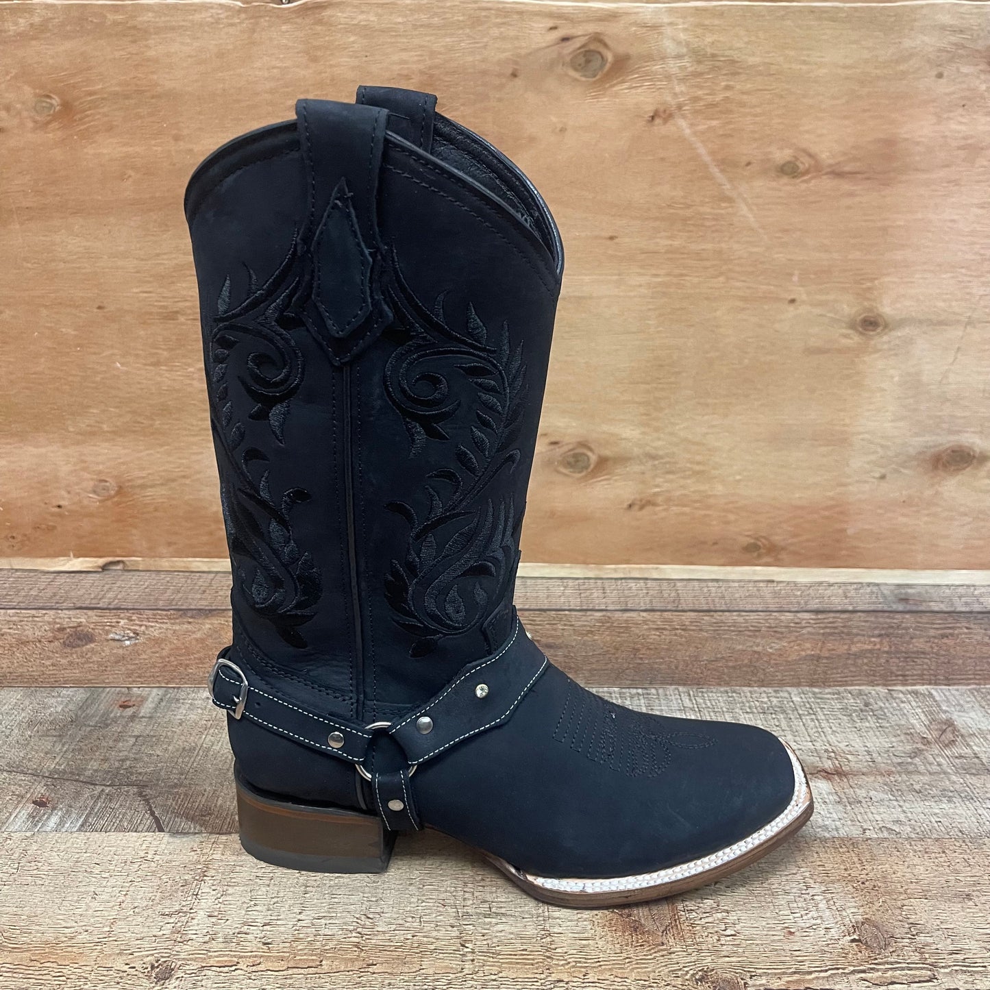 Women's Genuine Leather Square Toe Cowgirl Black Boots Est.112 Nobuck Negra