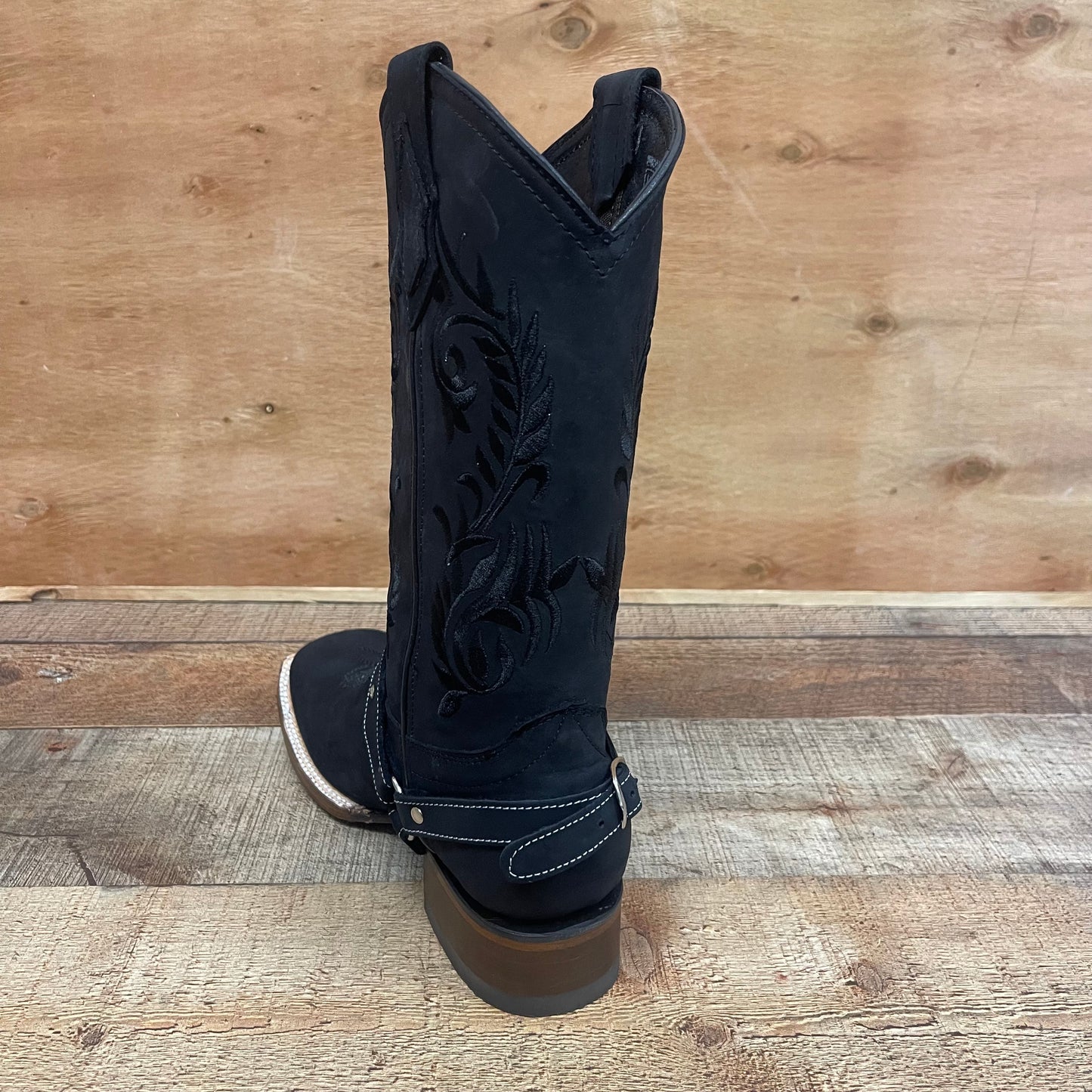 Women's Genuine Leather Square Toe Cowgirl Black Boots Est.112 Nobuck Negra
