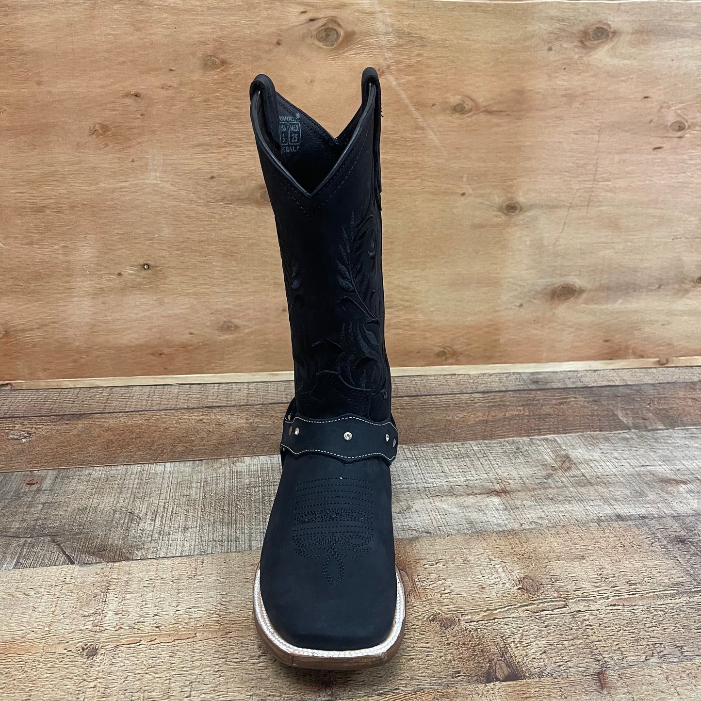 Women's Genuine Leather Square Toe Cowgirl Black Boots Est.112 Nobuck Negra