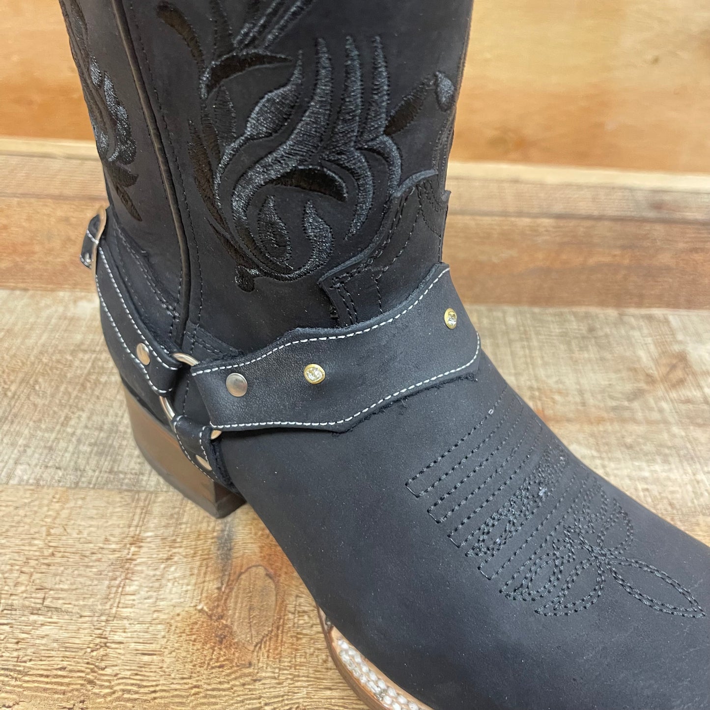 Women's Genuine Leather Square Toe Cowgirl Black Boots Est.112 Nobuck Negra