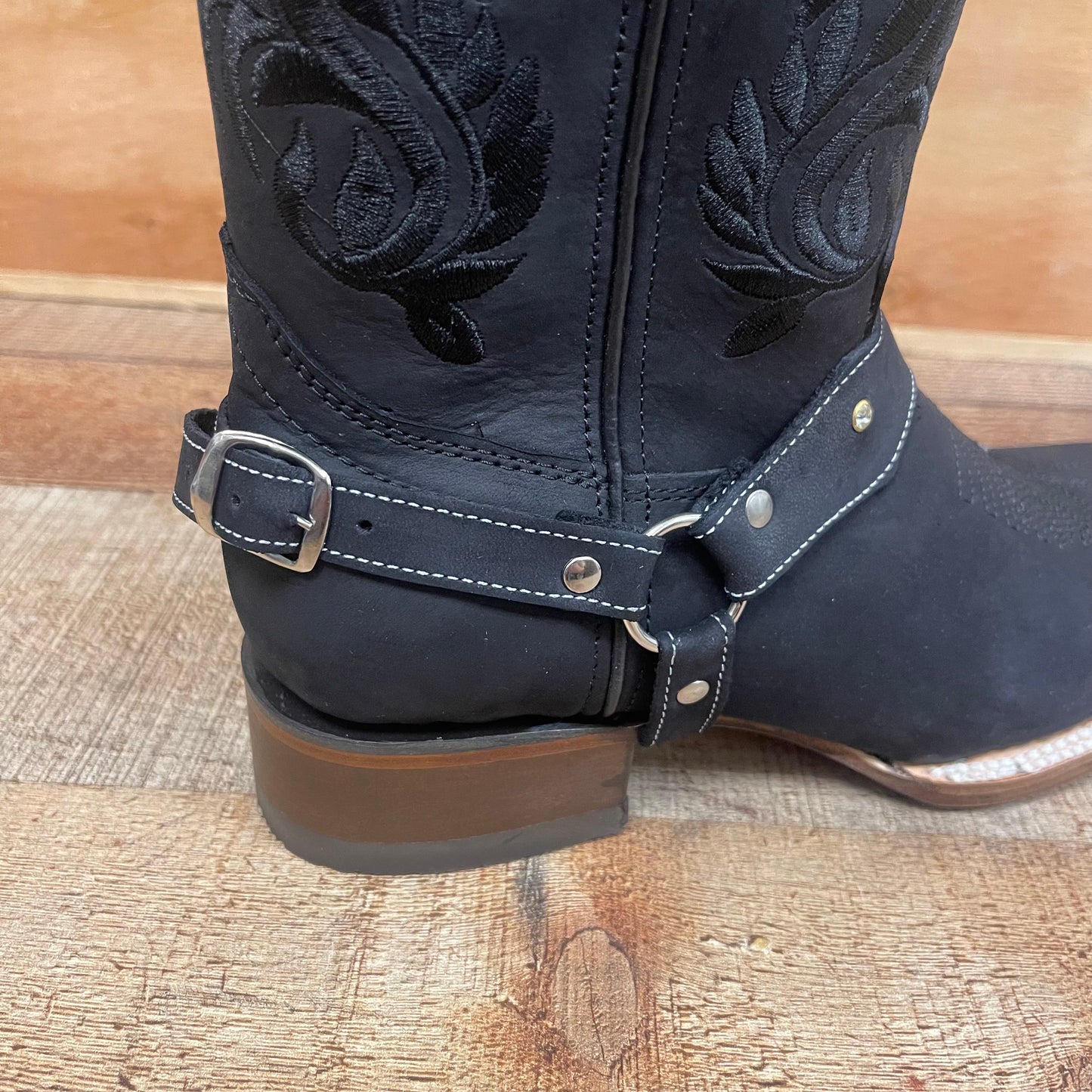 Women's Genuine Leather Square Toe Cowgirl Black Boots Est.112 Nobuck Negra