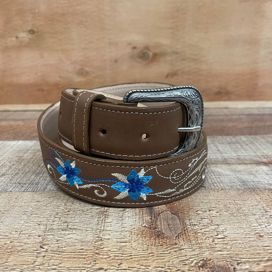 Women's Western Cowgirl Genuine Leather Brown Belt with Blue Flower Embroidery Est. 251