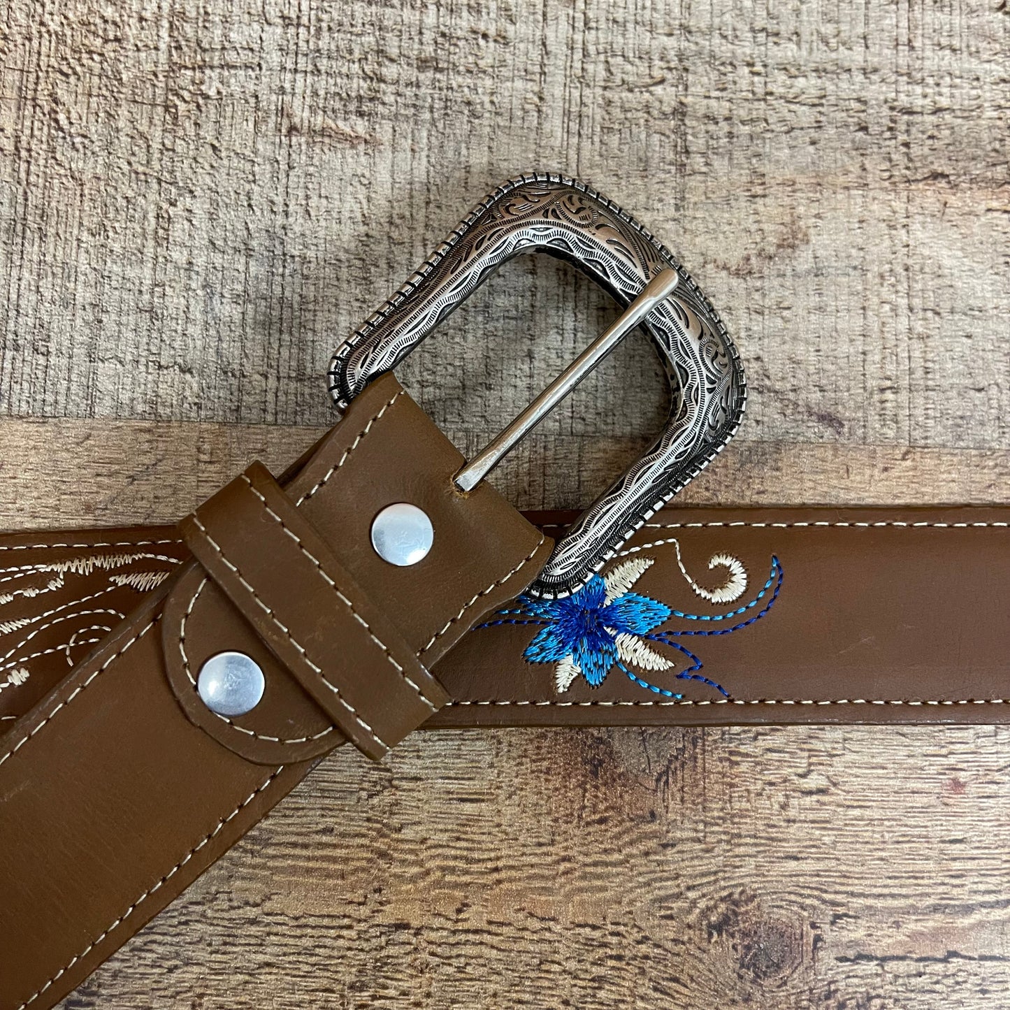 Women's Western Cowgirl Genuine Leather Brown Belt with Blue Flower Embroidery Est. 251
