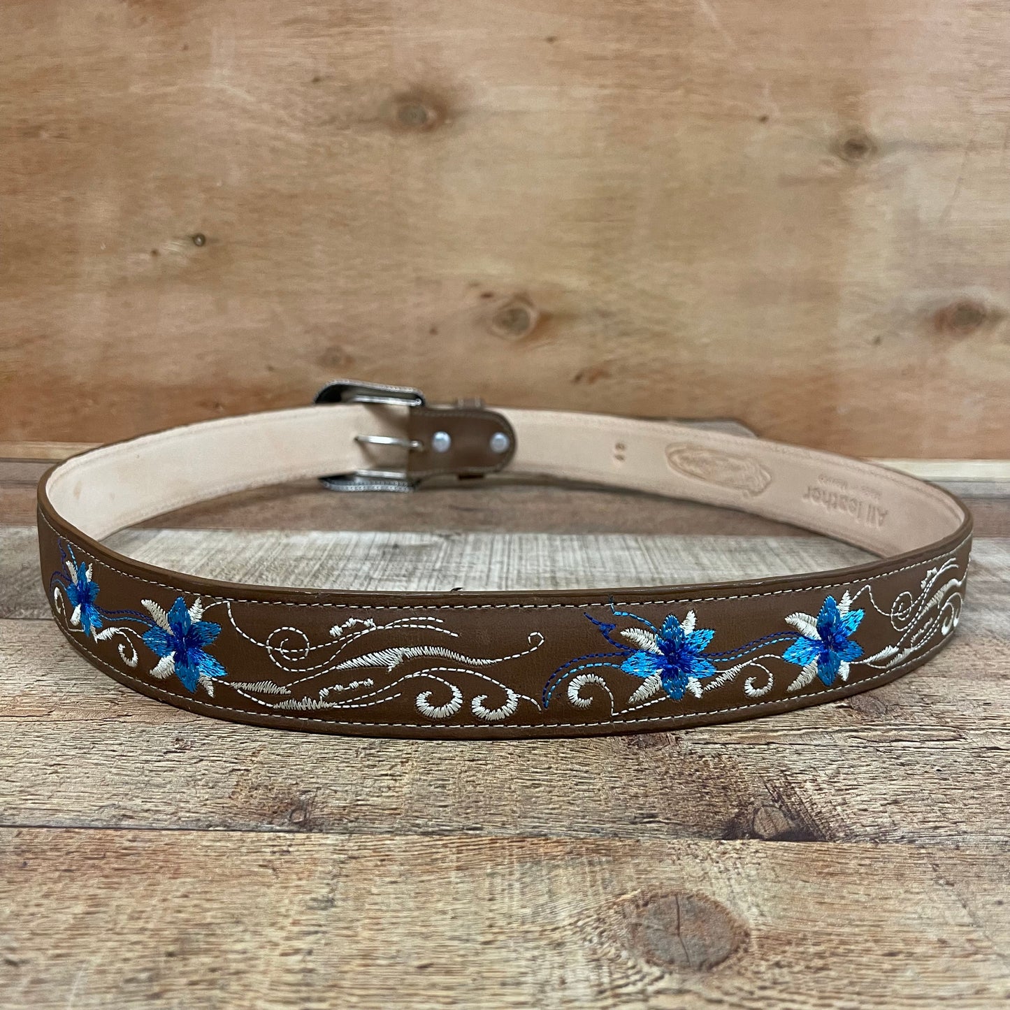 Women's Western Cowgirl Genuine Leather Brown Belt with Blue Flower Embroidery Est. 251
