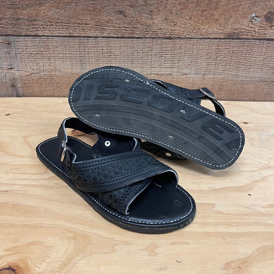Men's Mexican Leather Cushioned Sandals Black Embroidery Huarache Cruzado Acojinado Bordado Negro