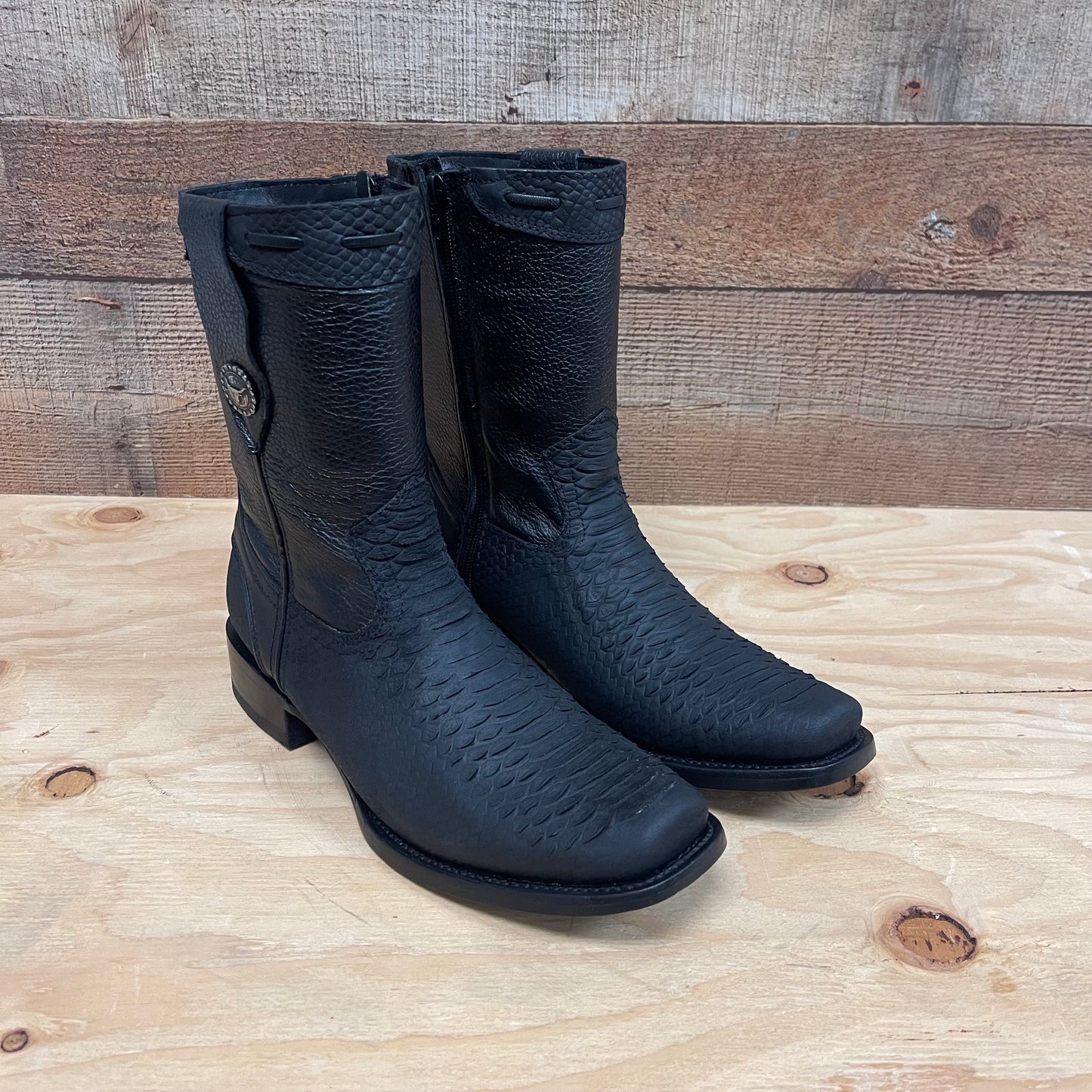 Men's Western Cowboy Side Zipper Genuine Leather with Python Print Dubai Toe Boots Est.265 Piton Cierre Horma Dubai