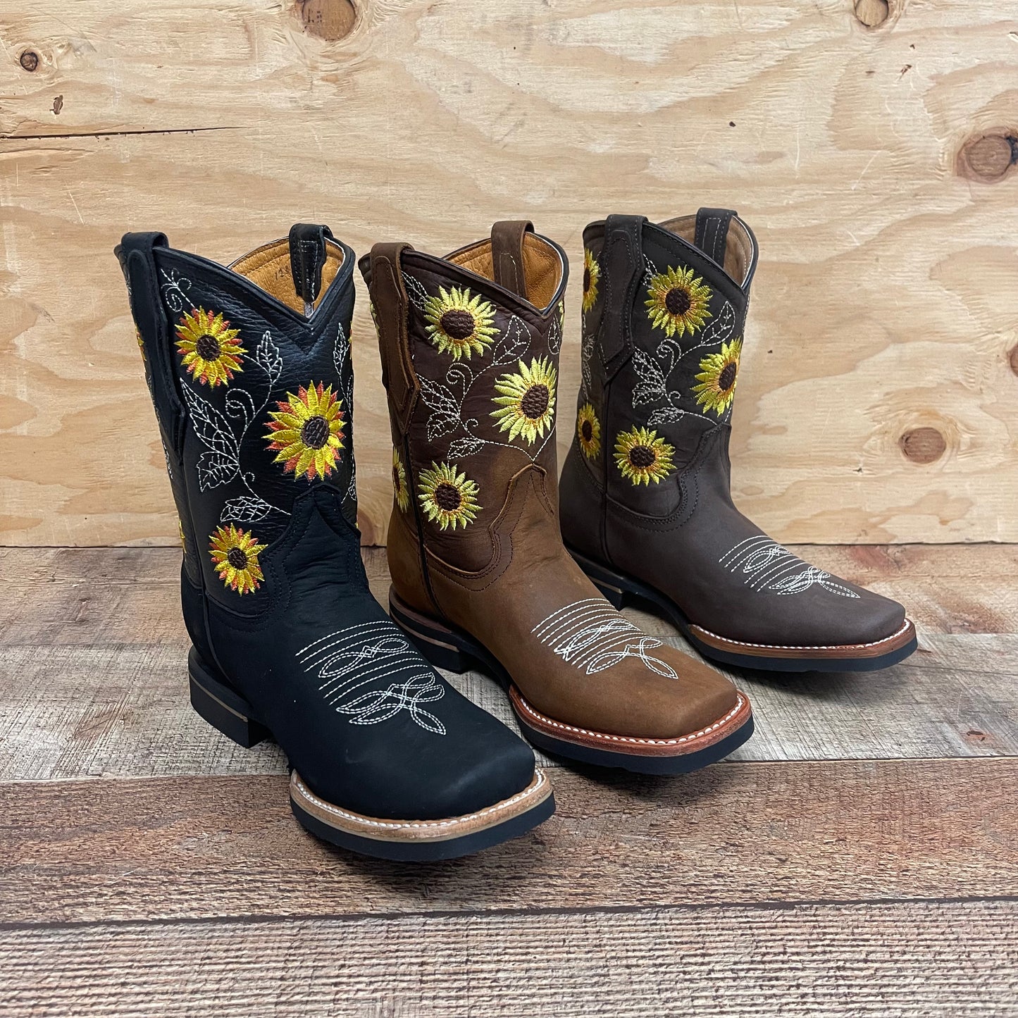 Women's Western Rodeo Square Toe Cowgirl Boots Leather Sunflower Est.711 Dama Girasol Tubo Corto