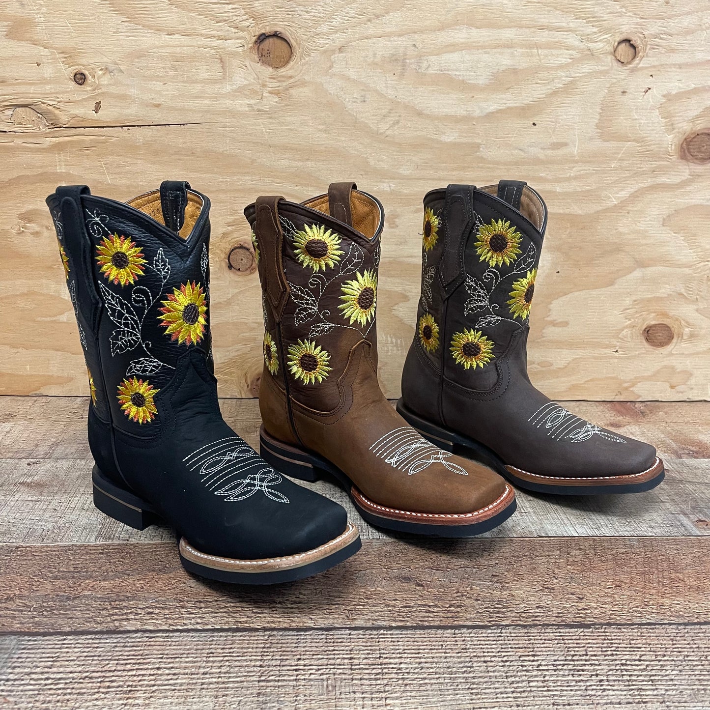 Women's Western Rodeo Square Toe Cowgirl Boots Leather Sunflower Est.711 Dama Girasol Tubo Corto