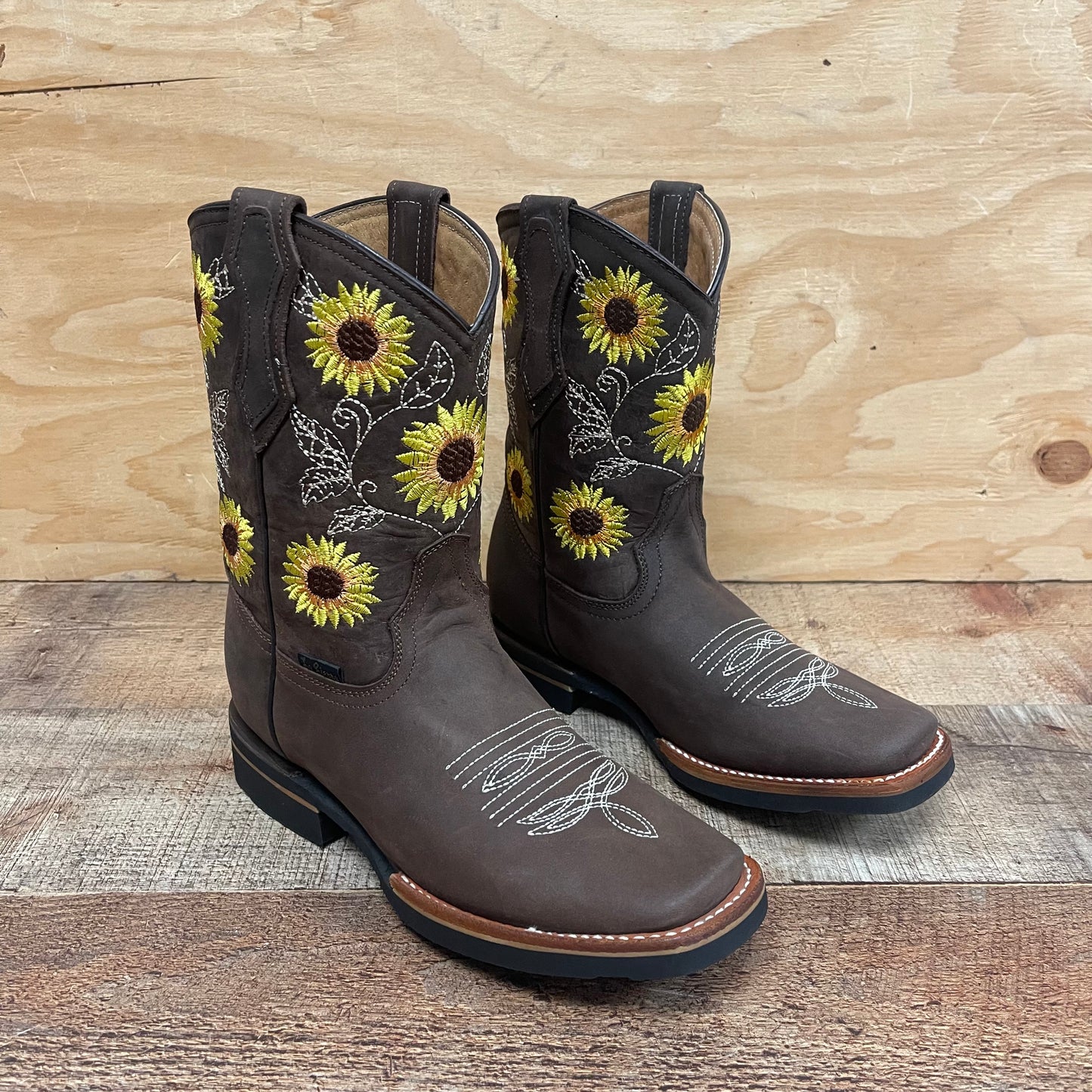 Women's Western Rodeo Square Toe Cowgirl Boots Leather Sunflower Est.711 Dama Girasol Tubo Corto