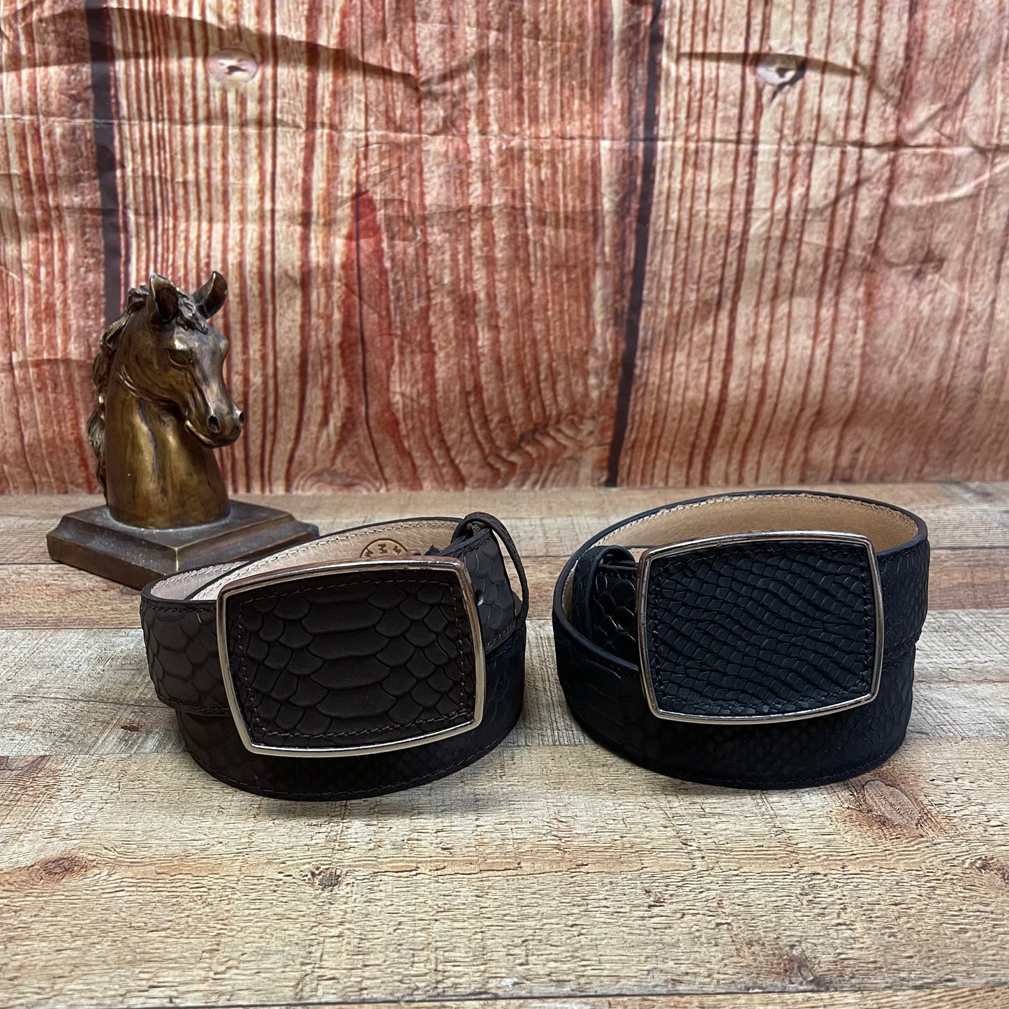 Men's Western Cowboy Genuine Leather Python Belt with Square Buckle Cinto Piton Hebilla Cuadrada