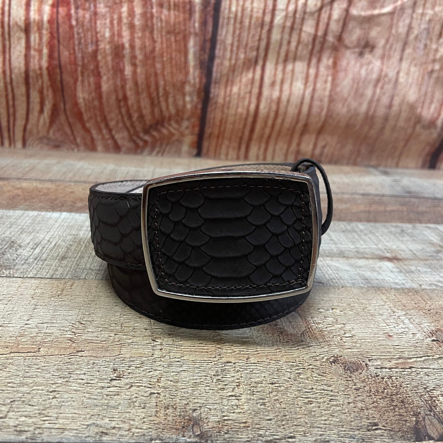 Men's Western Cowboy Genuine Leather Python Belt with Square Buckle Cinto Piton Hebilla Cuadrada