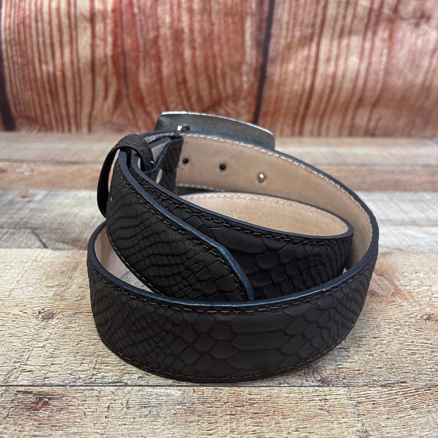 Men's Western Cowboy Genuine Leather Python Belt with Square Buckle Cinto Piton Hebilla Cuadrada