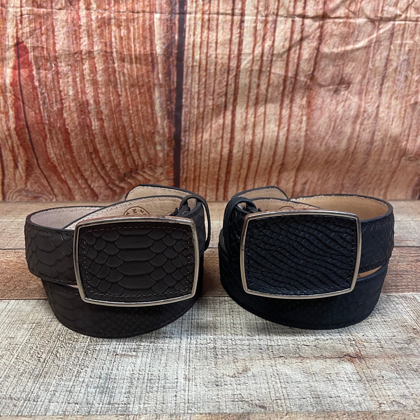 Men's Western Cowboy Genuine Leather Python Belt with Square Buckle Cinto Piton Hebilla Cuadrada