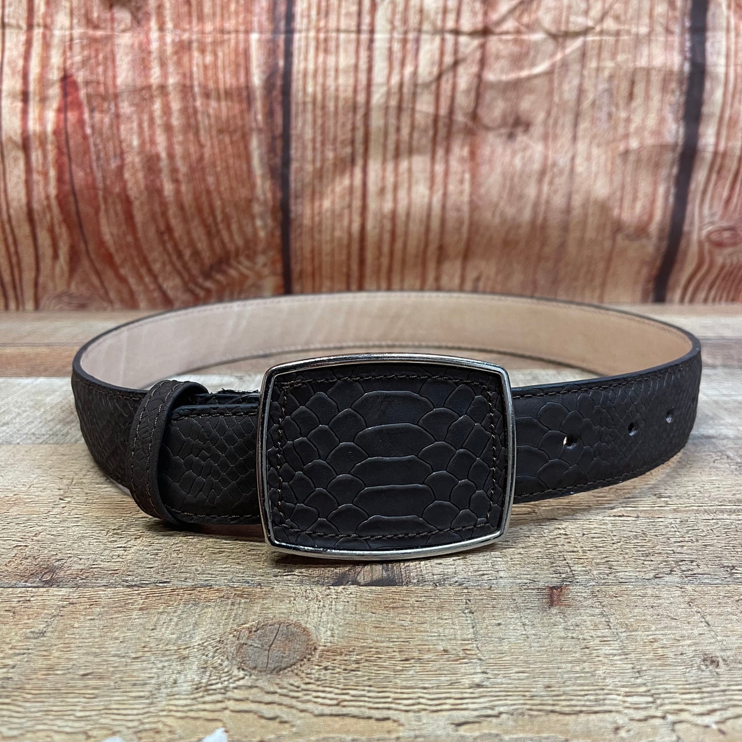 Men's Western Cowboy Genuine Leather Python Belt with Square Buckle Cinto Piton Hebilla Cuadrada