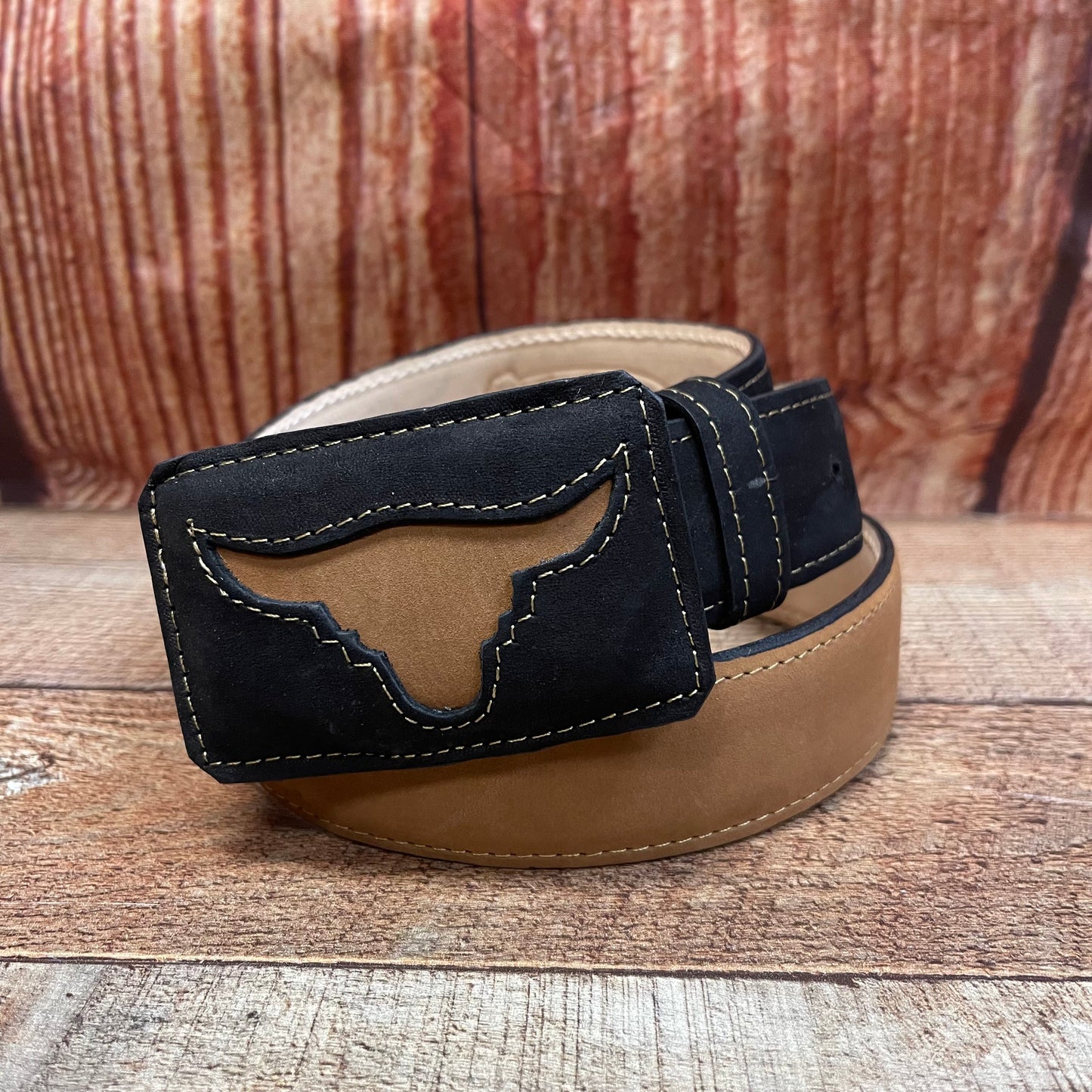 Men's Western Cowboy Genuine Leather Black-Hazel Belt with Square Buckle Bull Design Cinto Toro Hebilla Cuadrada Negro-Avellanda