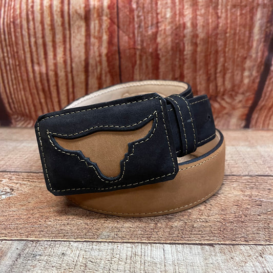 Men's Western Cowboy Genuine Leather Black-Hazel Belt with Square Buckle Bull Design Cinto Toro Hebilla Cuadrada Negro-Avellanda