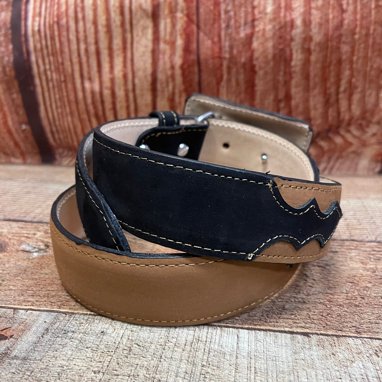 Men's Western Cowboy Genuine Leather Black-Hazel Belt with Square Buckle Bull Design Cinto Toro Hebilla Cuadrada Negro-Avellanda