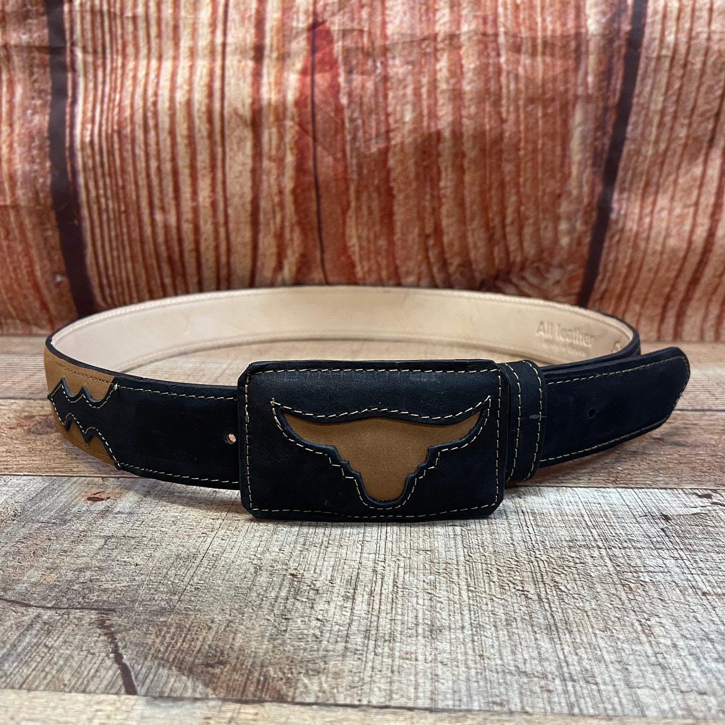 Men's Western Cowboy Genuine Leather Black-Hazel Belt with Square Buckle Bull Design Cinto Toro Hebilla Cuadrada Negro-Avellanda