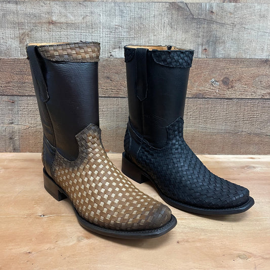 Men's Western Cowboy Side Zipper Genuine Leather with Handwoven Petatillo Style Dubai Toe Boots Est.272 Petatillo Cierre Horma Dubai
