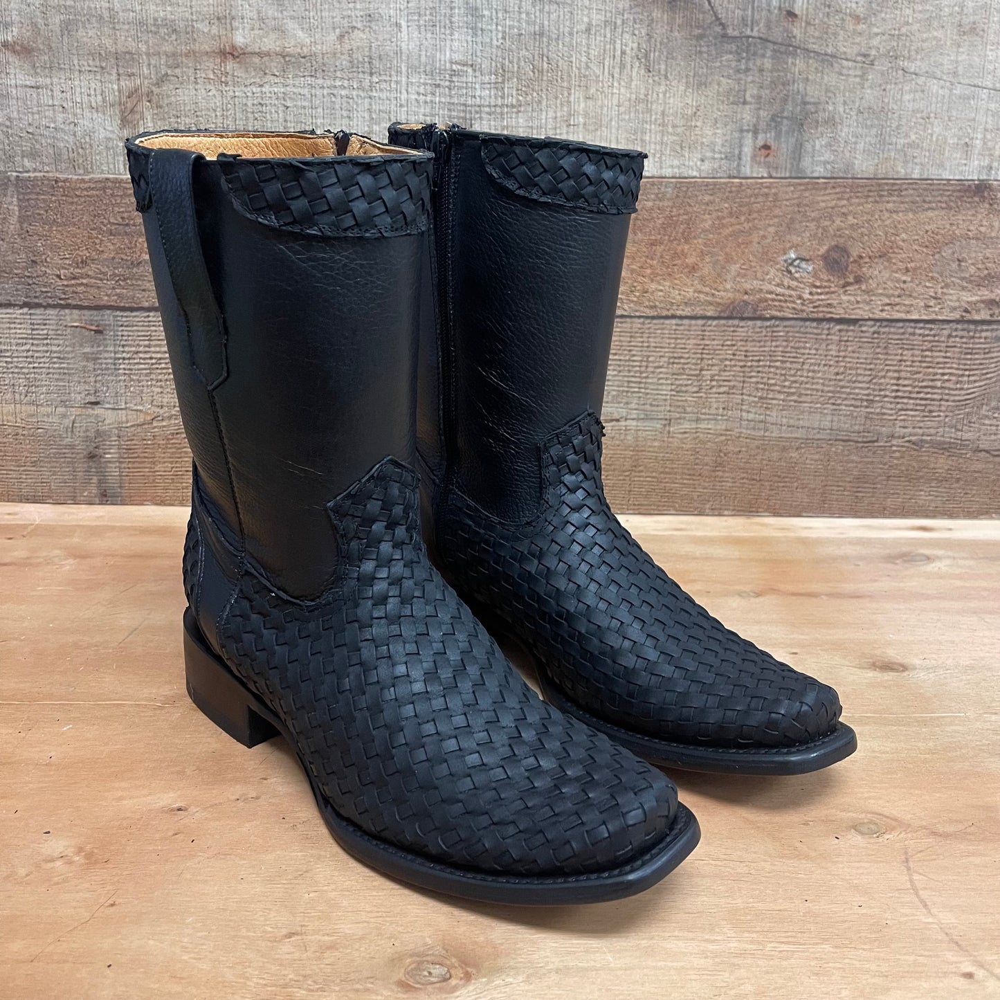 Men's Western Cowboy Side Zipper Genuine Leather with Handwoven Petatillo Style Dubai Toe Boots Est.272 Petatillo Cierre Horma Dubai